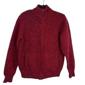 LL Bean Men Vintage Heavy Knit Zip Up Sweater M Red Lambswool Pockets High Neck
